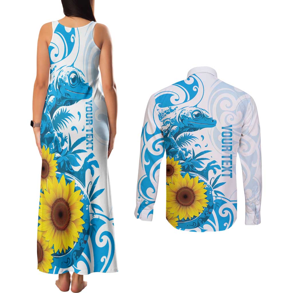 New Zealand Autism Awareness Month Couples Matching Tank Maxi Dress and Long Sleeve Button Shirt Takiwatanga Maori Lizard With Sunflower