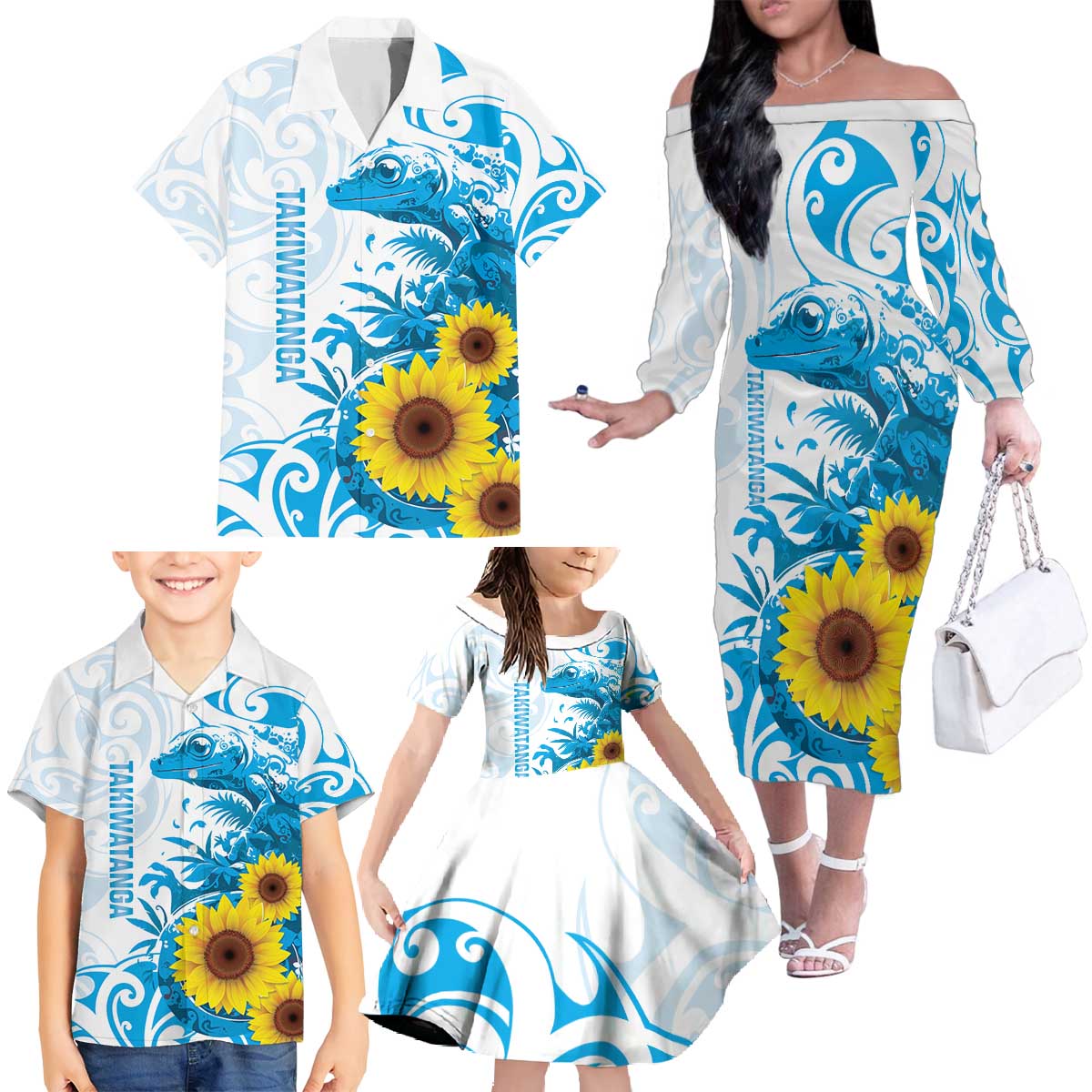 New Zealand Autism Awareness Month Family Matching Off The Shoulder Long Sleeve Dress and Hawaiian Shirt Takiwatanga Maori Lizard With Sunflower