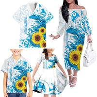 New Zealand Autism Awareness Month Family Matching Off The Shoulder Long Sleeve Dress and Hawaiian Shirt Takiwatanga Maori Lizard With Sunflower