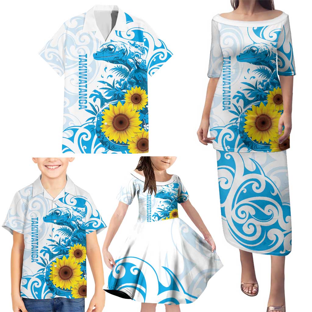 New Zealand Autism Awareness Month Family Matching Puletasi and Hawaiian Shirt Takiwatanga Maori Lizard With Sunflower LT14 - Polynesian Pride