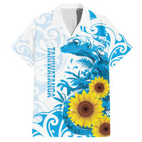 New Zealand Autism Awareness Month Family Matching Puletasi and Hawaiian Shirt Takiwatanga Maori Lizard With Sunflower LT14 Dad's Shirt - Short Sleeve Blue - Polynesian Pride
