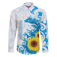 New Zealand Autism Awareness Month Family Matching Puletasi and Hawaiian Shirt Takiwatanga Maori Lizard With Sunflower LT14 Dad's Shirt - Long Sleeve Blue - Polynesian Pride