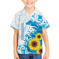 New Zealand Autism Awareness Month Family Matching Puletasi and Hawaiian Shirt Takiwatanga Maori Lizard With Sunflower LT14 Son's Shirt Blue - Polynesian Pride