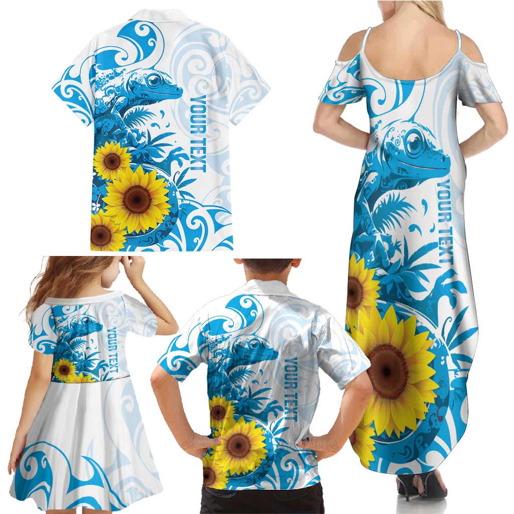 New Zealand Autism Awareness Month Family Matching Summer Maxi Dress and Hawaiian Shirt Takiwatanga Maori Lizard With Sunflower