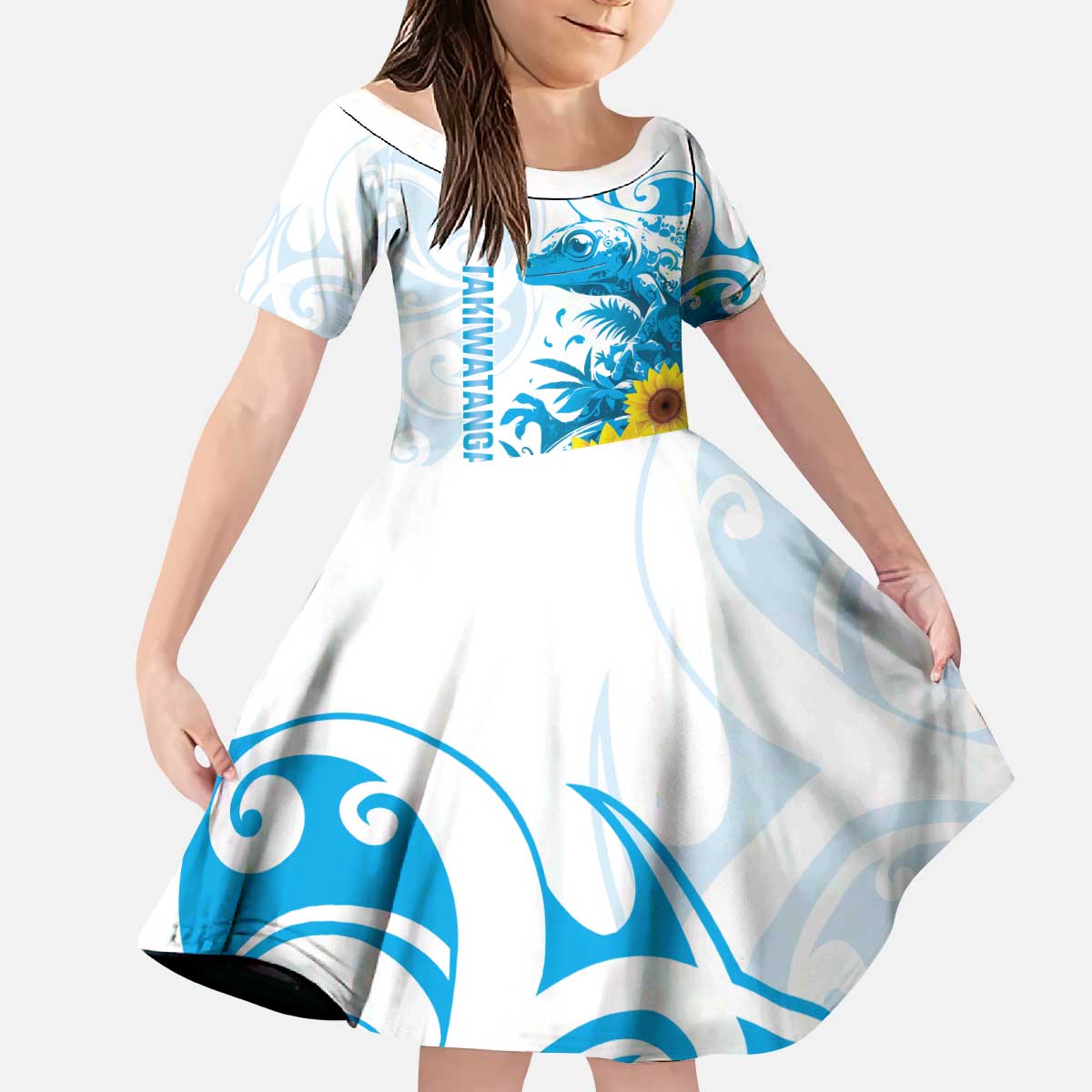 New Zealand Autism Awareness Month Kid Short Sleeve Dress Takiwatanga Maori Lizard With Sunflower