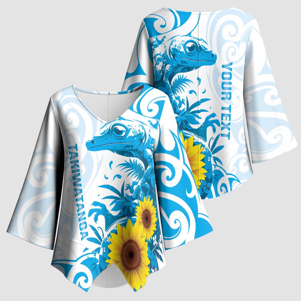 New Zealand Autism Awareness Month Kimono Sleeve Blouse Takiwatanga Maori Lizard With Sunflower - Polynesian Pride
