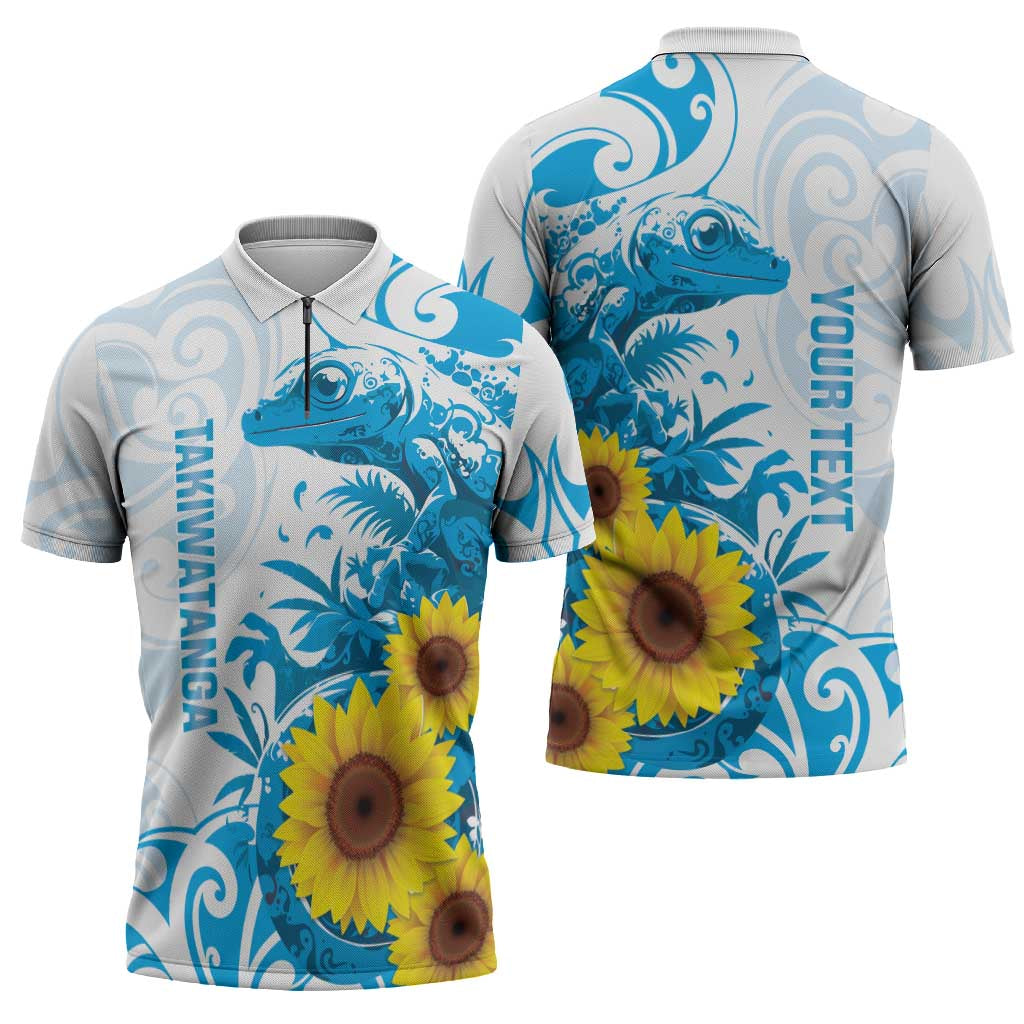 New Zealand Autism Awareness Month Zipper Polo Shirt Takiwatanga Maori Lizard With Sunflower - Polynesian Pride