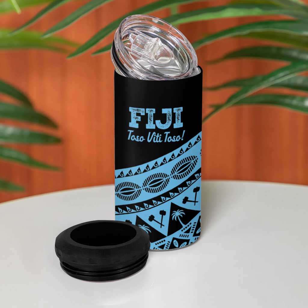 Fiji Rugby 2025 Custom 4 in 1 Can Cooler Tumbler Fijian Tapa Toso Viti Toso - Black