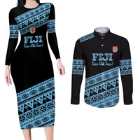 Fiji Rugby 2025 Custom Couples Matching Long Sleeve Bodycon Dress and Long Sleeve Button Shirt Fijian Tapa Toso Viti Toso - Black