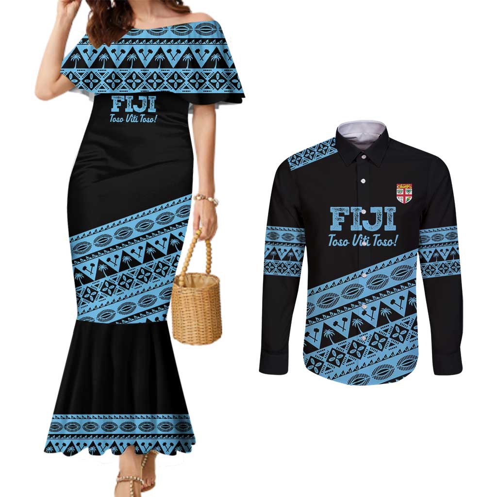Fiji Rugby 2025 Custom Couples Matching Mermaid Dress and Long Sleeve Button Shirt Fijian Tapa Toso Viti Toso - Black