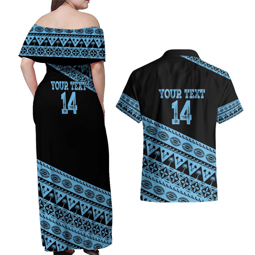 Fiji Rugby 2025 Custom Couples Matching Off Shoulder Maxi Dress and Hawaiian Shirt Fijian Tapa Toso Viti Toso - Black