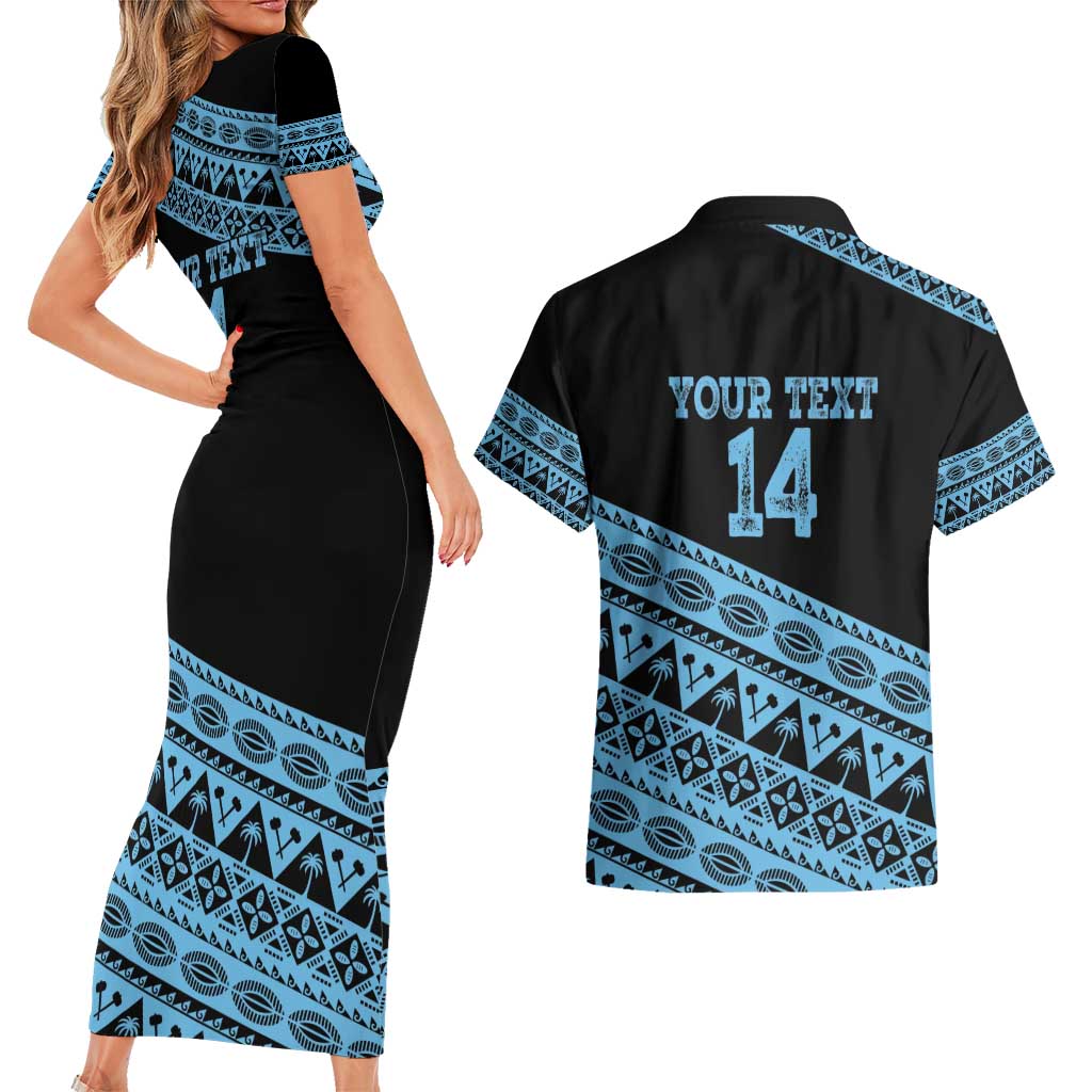 Fiji Rugby 2025 Custom Couples Matching Short Sleeve Bodycon Dress and Hawaiian Shirt Fijian Tapa Toso Viti Toso - Black