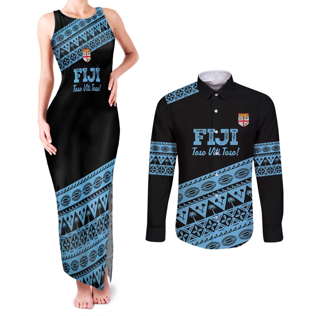 Fiji Rugby 2025 Custom Couples Matching Tank Maxi Dress and Long Sleeve Button Shirt Fijian Tapa Toso Viti Toso - Black