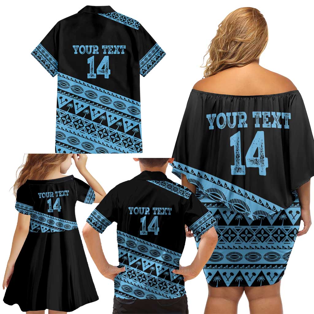 Fiji Rugby 2025 Custom Family Matching Off Shoulder Short Dress and Hawaiian Shirt Fijian Tapa Toso Viti Toso - Black