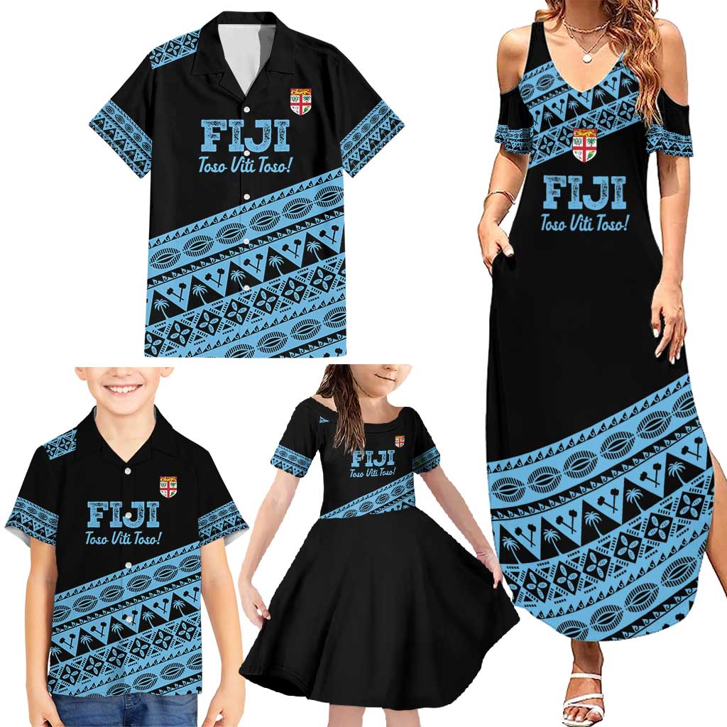 Fiji Rugby 2025 Custom Family Matching Summer Maxi Dress and Hawaiian Shirt Fijian Tapa Toso Viti Toso - Black