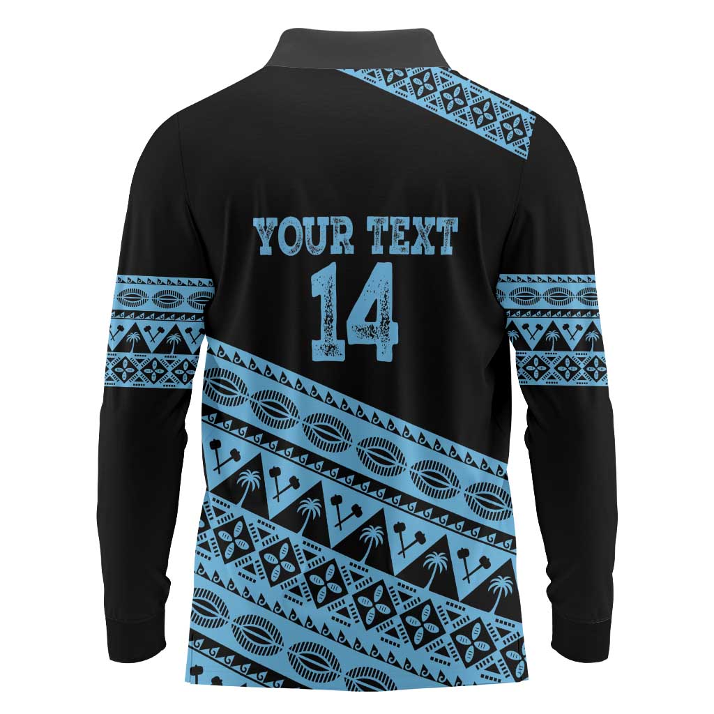 Fiji Rugby 2025 Custom Long Sleeve Polo Shirt Fijian Tapa Toso Viti Toso - Black