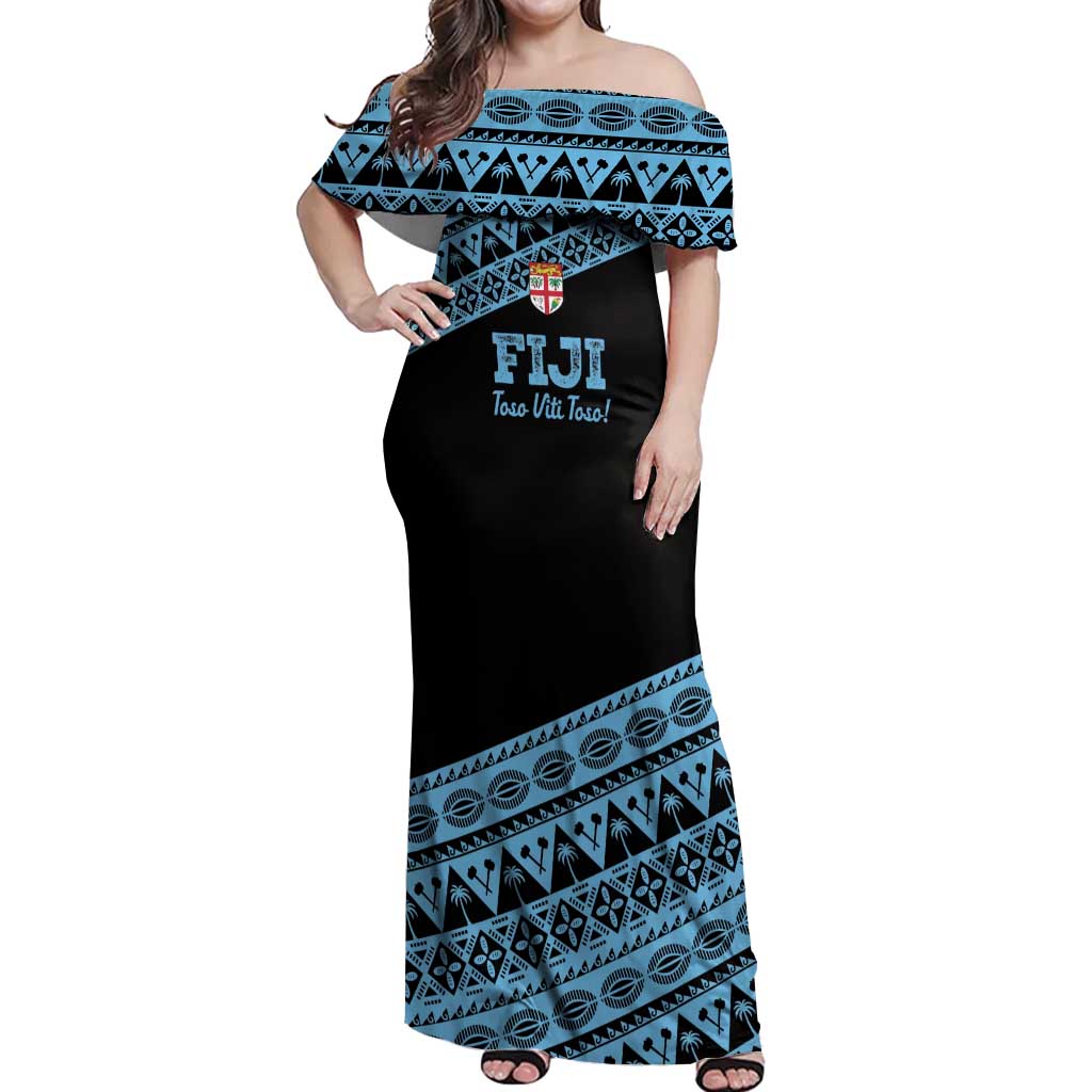 Fiji Rugby 2025 Custom Off Shoulder Maxi Dress Fijian Tapa Toso Viti Toso - Black