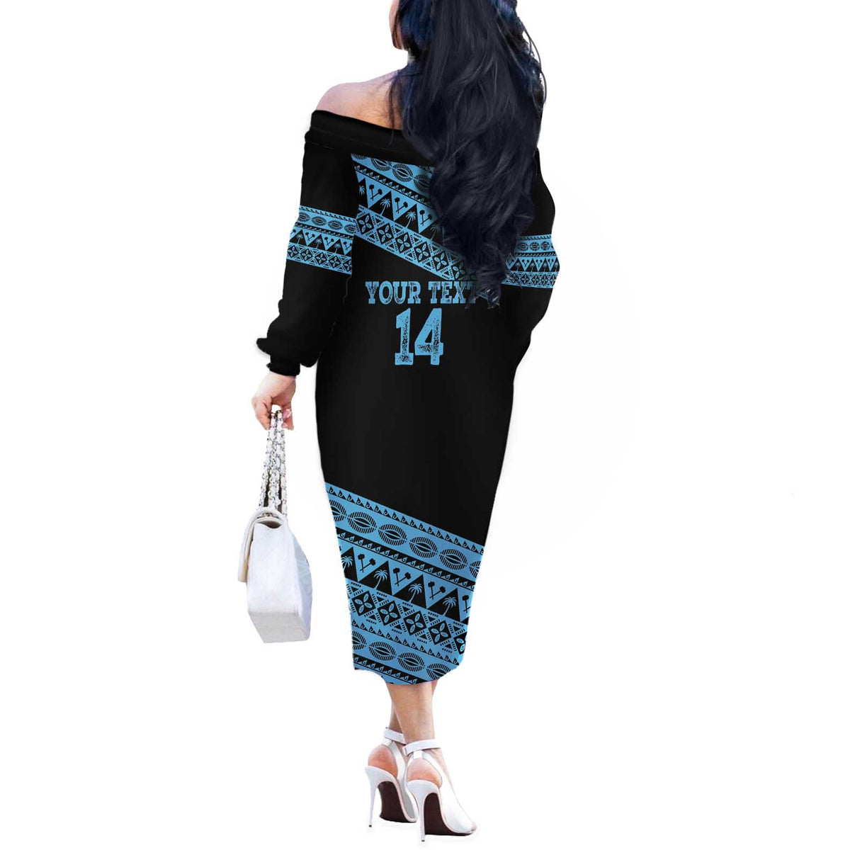 Fiji Rugby 2025 Custom Off The Shoulder Long Sleeve Dress Fijian Tapa Toso Viti Toso - Black