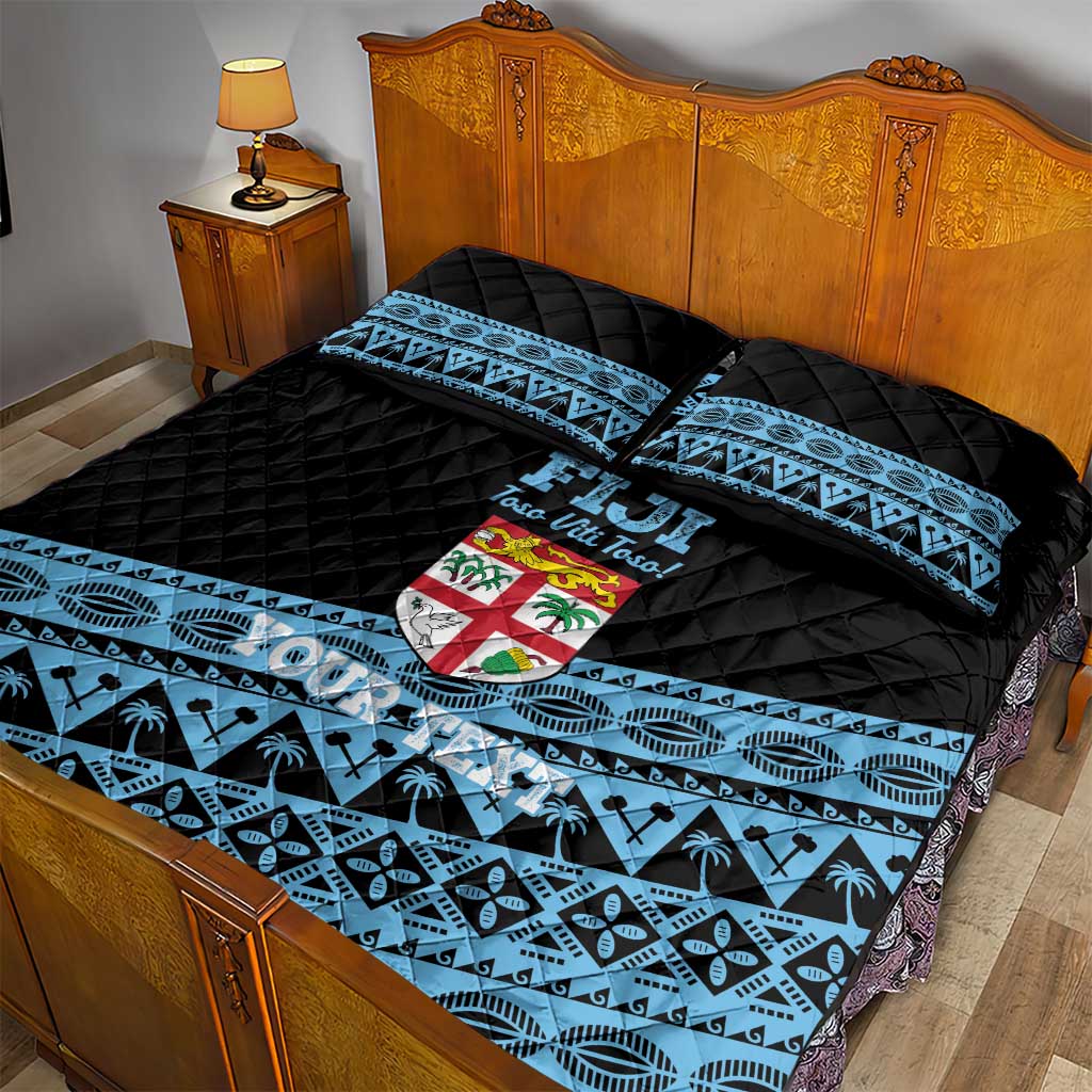 Fiji Rugby 2025 Custom Quilt Bed Set Fijian Tapa Toso Viti Toso - Black
