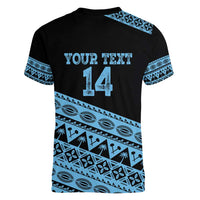 Fiji Rugby 2025 Custom Women V-Neck T-Shirt Fijian Tapa Toso Viti Toso - Black