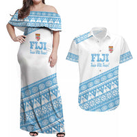 Fiji Rugby 2025 Custom Couples Matching Off Shoulder Maxi Dress and Hawaiian Shirt Fijian Tapa Toso Viti Toso - White
