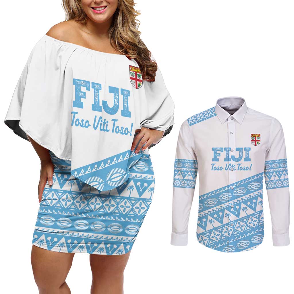 Fiji Rugby 2025 Custom Couples Matching Off Shoulder Short Dress and Long Sleeve Button Shirt Fijian Tapa Toso Viti Toso - White