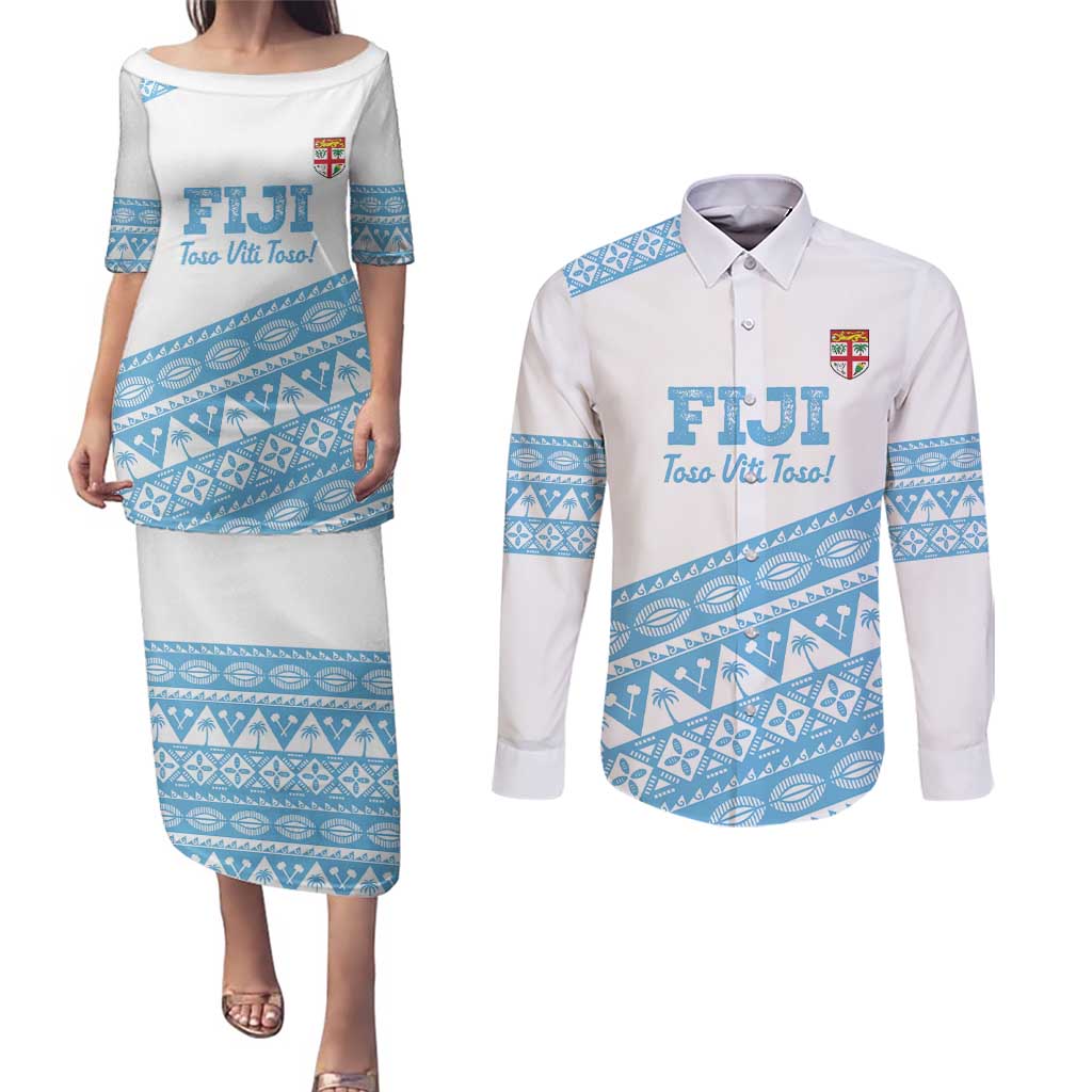 Fiji Rugby 2025 Custom Couples Matching Puletasi and Long Sleeve Button Shirt Fijian Tapa Toso Viti Toso - White