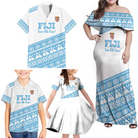 Fiji Rugby 2025 Custom Family Matching Off Shoulder Maxi Dress and Hawaiian Shirt Fijian Tapa Toso Viti Toso - White