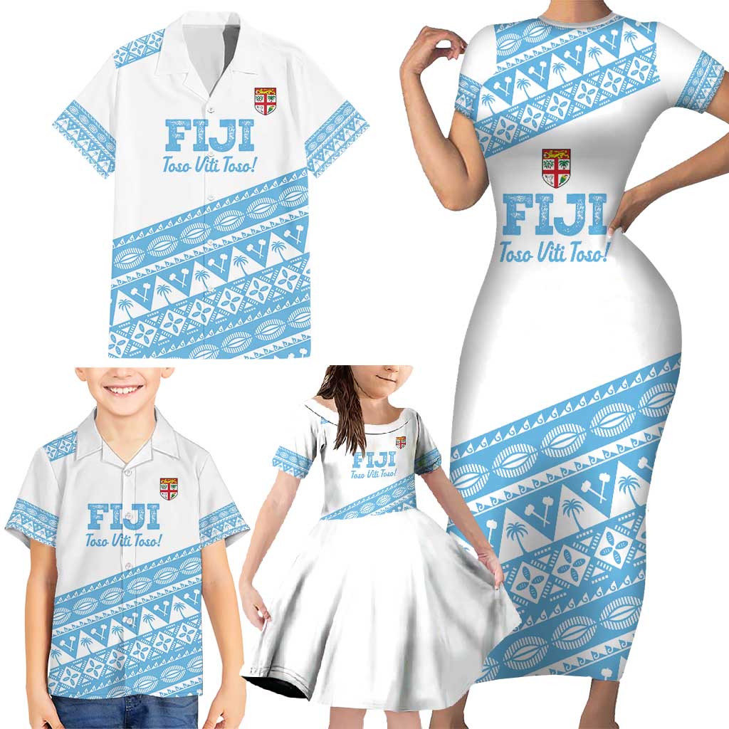 Fiji Rugby 2025 Custom Family Matching Short Sleeve Bodycon Dress and Hawaiian Shirt Fijian Tapa Toso Viti Toso - White