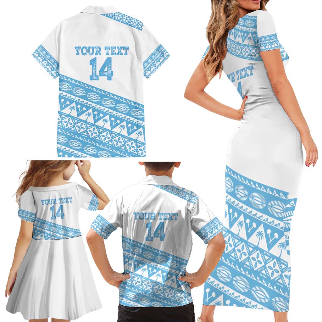 Fiji Rugby 2025 Custom Family Matching Short Sleeve Bodycon Dress and Hawaiian Shirt Fijian Tapa Toso Viti Toso - White