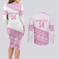 Fiji Rugby 2025 Custom Couples Matching Long Sleeve Bodycon Dress and Long Sleeve Button Shirt Fijian Tapa Toso Viti Toso - Pink