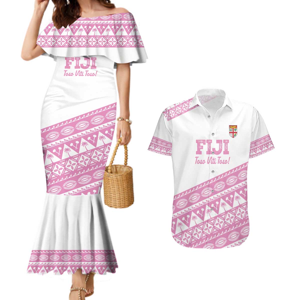 Fiji Rugby 2025 Custom Couples Matching Mermaid Dress and Hawaiian Shirt Fijian Tapa Toso Viti Toso - Pink