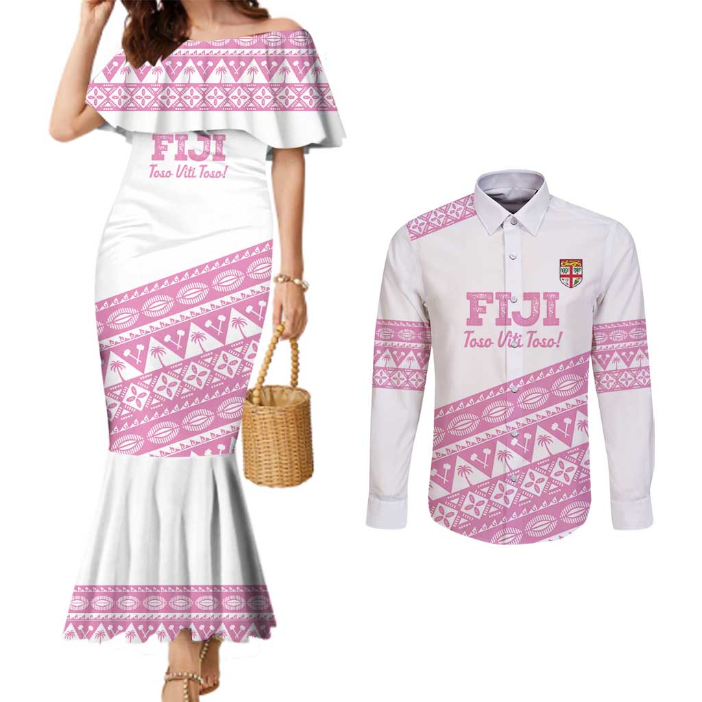 Fiji Rugby 2025 Custom Couples Matching Mermaid Dress and Long Sleeve Button Shirt Fijian Tapa Toso Viti Toso - Pink
