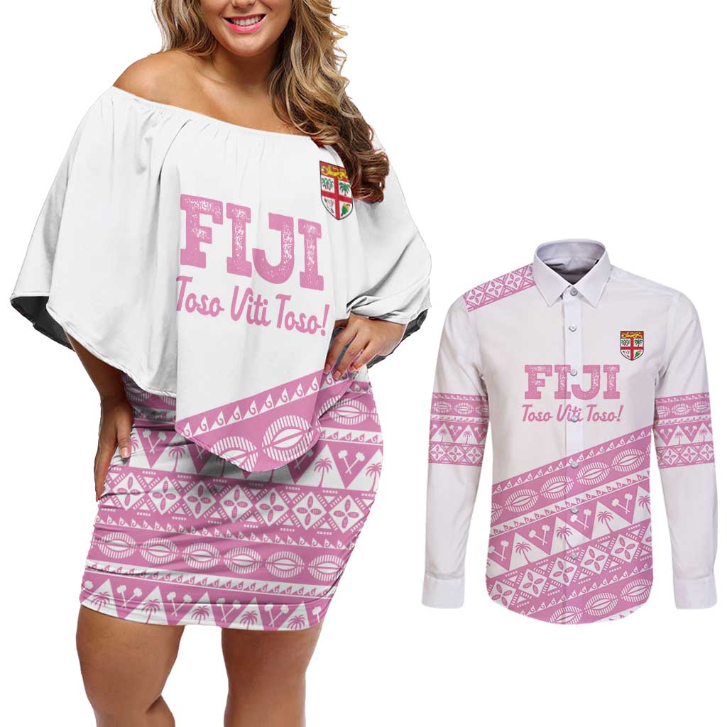 Fiji Rugby 2025 Custom Couples Matching Off Shoulder Short Dress and Long Sleeve Button Shirt Fijian Tapa Toso Viti Toso - Pink