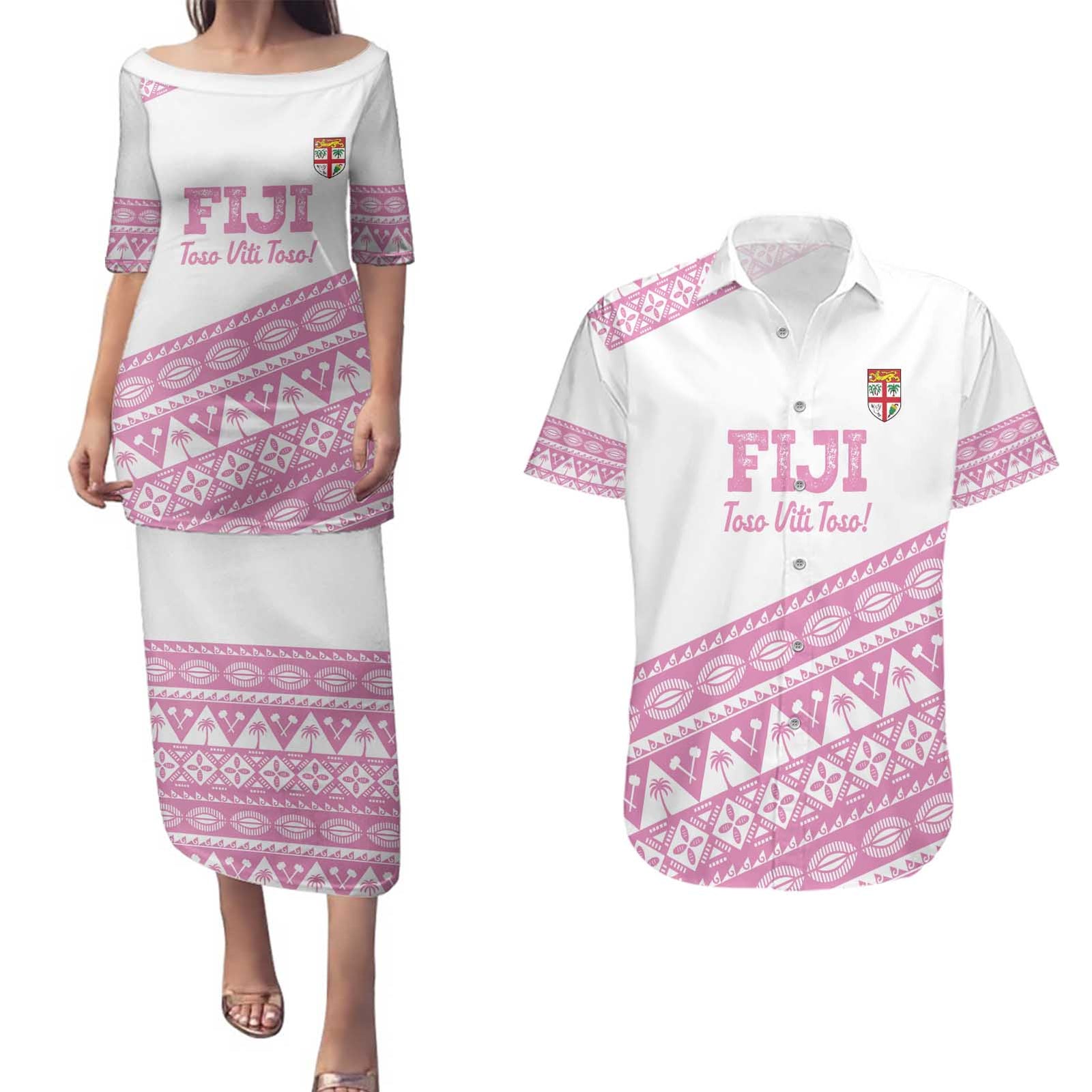 Fiji Rugby 2025 Custom Couples Matching Puletasi and Hawaiian Shirt Fijian Tapa Toso Viti Toso - Pink