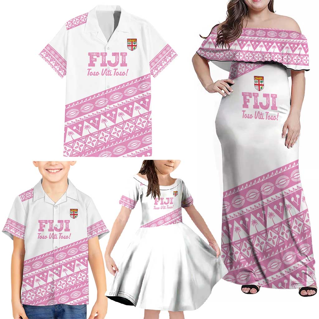 Fiji Rugby 2025 Custom Family Matching Off Shoulder Maxi Dress and Hawaiian Shirt Fijian Tapa Toso Viti Toso - Pink