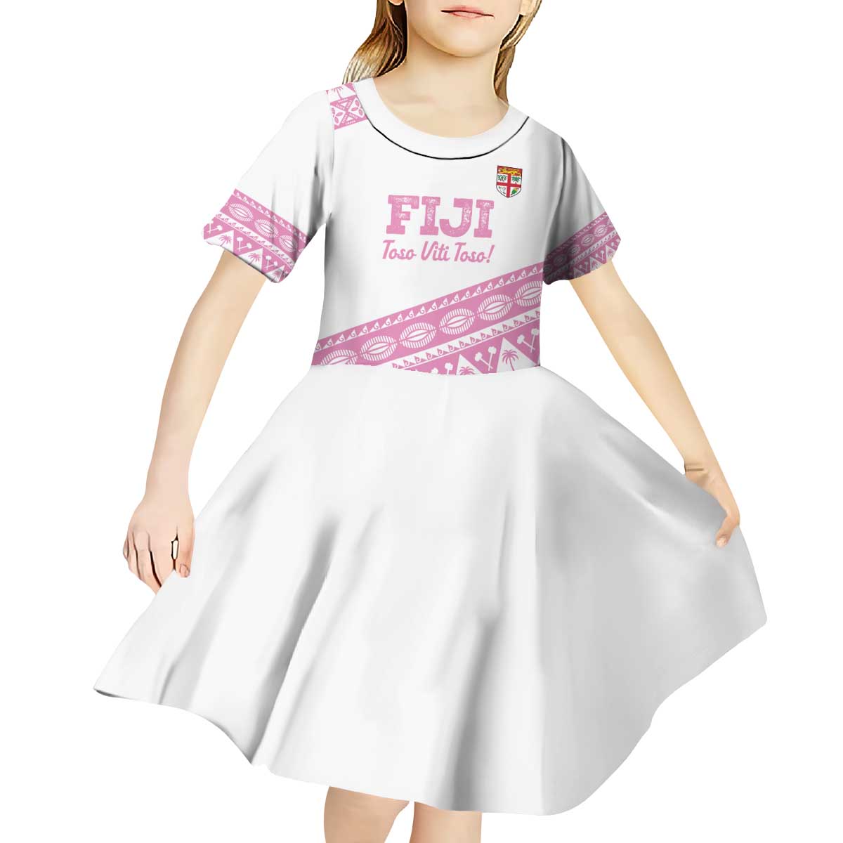Fiji Rugby 2025 Custom Kid Short Sleeve Dress Fijian Tapa Toso Viti Toso - Pink