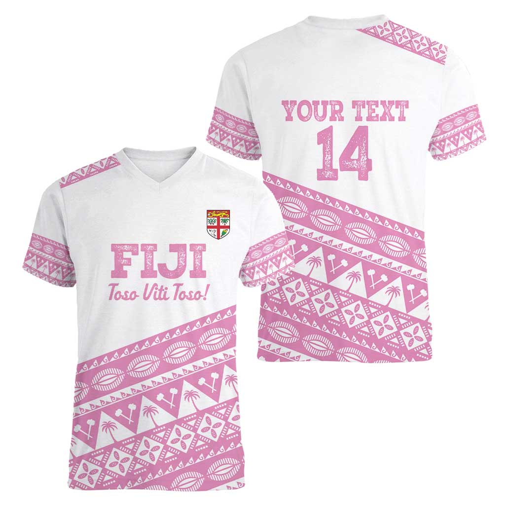 Fiji Rugby 2025 Custom Women V-Neck T-Shirt Fijian Tapa Toso Viti Toso - Pink