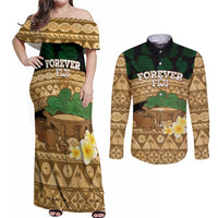Bula Fiji Kava Bowl Couples Matching Off Shoulder Maxi Dress and Long Sleeve Button Shirt Fijian Tapa Cloth Vintage Vibe