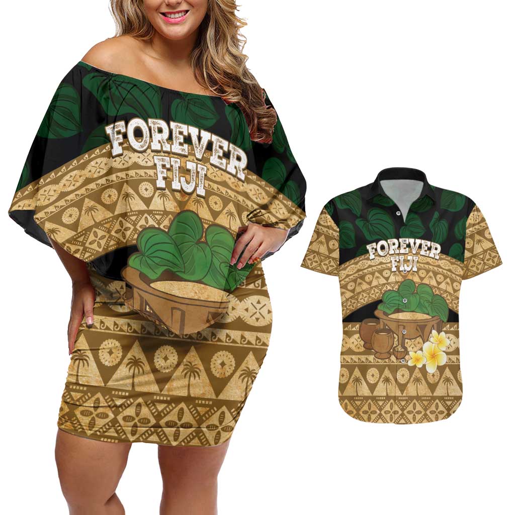 Bula Fiji Kava Bowl Couples Matching Off Shoulder Short Dress and Hawaiian Shirt Fijian Tapa Cloth Vintage Vibe