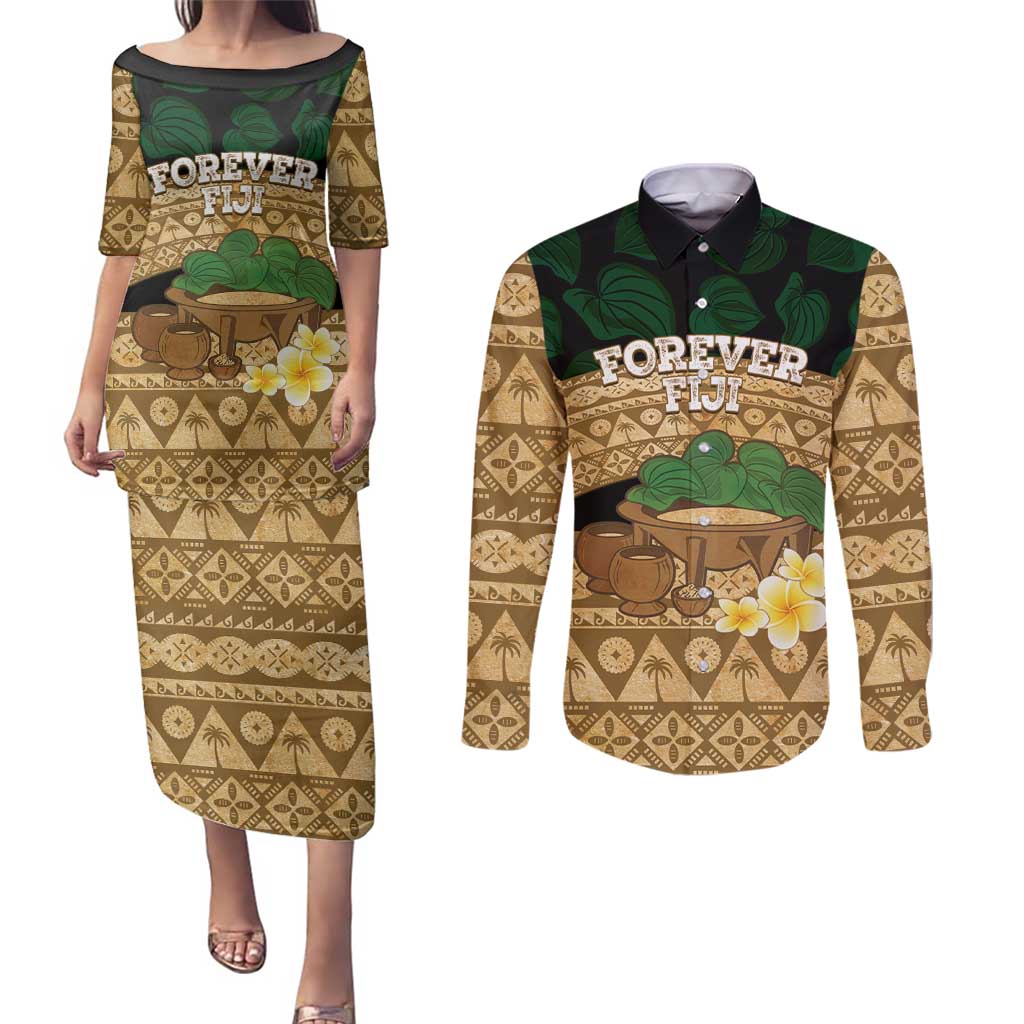 Bula Fiji Kava Bowl Couples Matching Puletasi and Long Sleeve Button Shirt Fijian Tapa Cloth Vintage Vibe LT14 Brown - Polynesian Pride