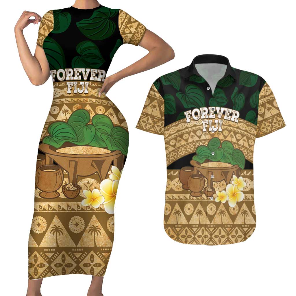 Bula Fiji Kava Bowl Couples Matching Short Sleeve Bodycon Dress and Hawaiian Shirt Fijian Tapa Cloth Vintage Vibe