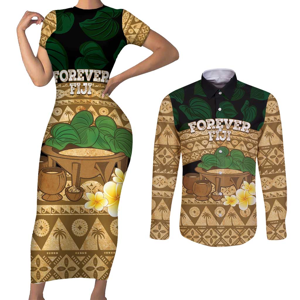Bula Fiji Kava Bowl Couples Matching Short Sleeve Bodycon Dress and Long Sleeve Button Shirt Fijian Tapa Cloth Vintage Vibe