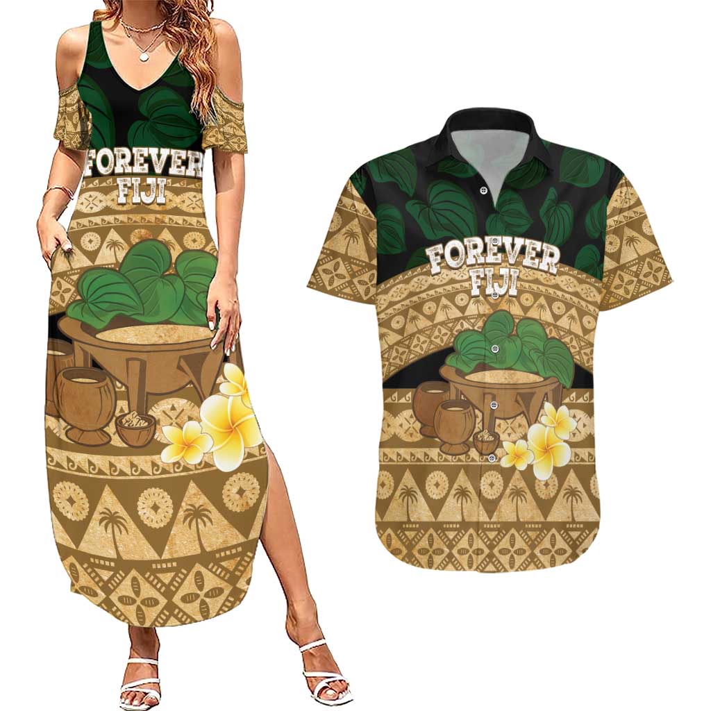 Bula Fiji Kava Bowl Couples Matching Summer Maxi Dress and Hawaiian Shirt Fijian Tapa Cloth Vintage Vibe