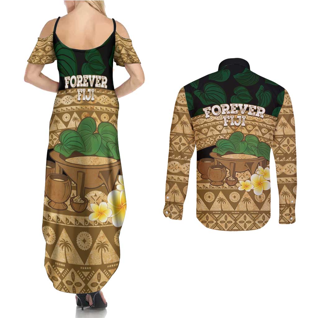 Bula Fiji Kava Bowl Couples Matching Summer Maxi Dress and Long Sleeve Button Shirt Fijian Tapa Cloth Vintage Vibe