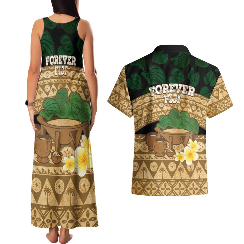 Bula Fiji Kava Bowl Couples Matching Tank Maxi Dress and Hawaiian Shirt Fijian Tapa Cloth Vintage Vibe