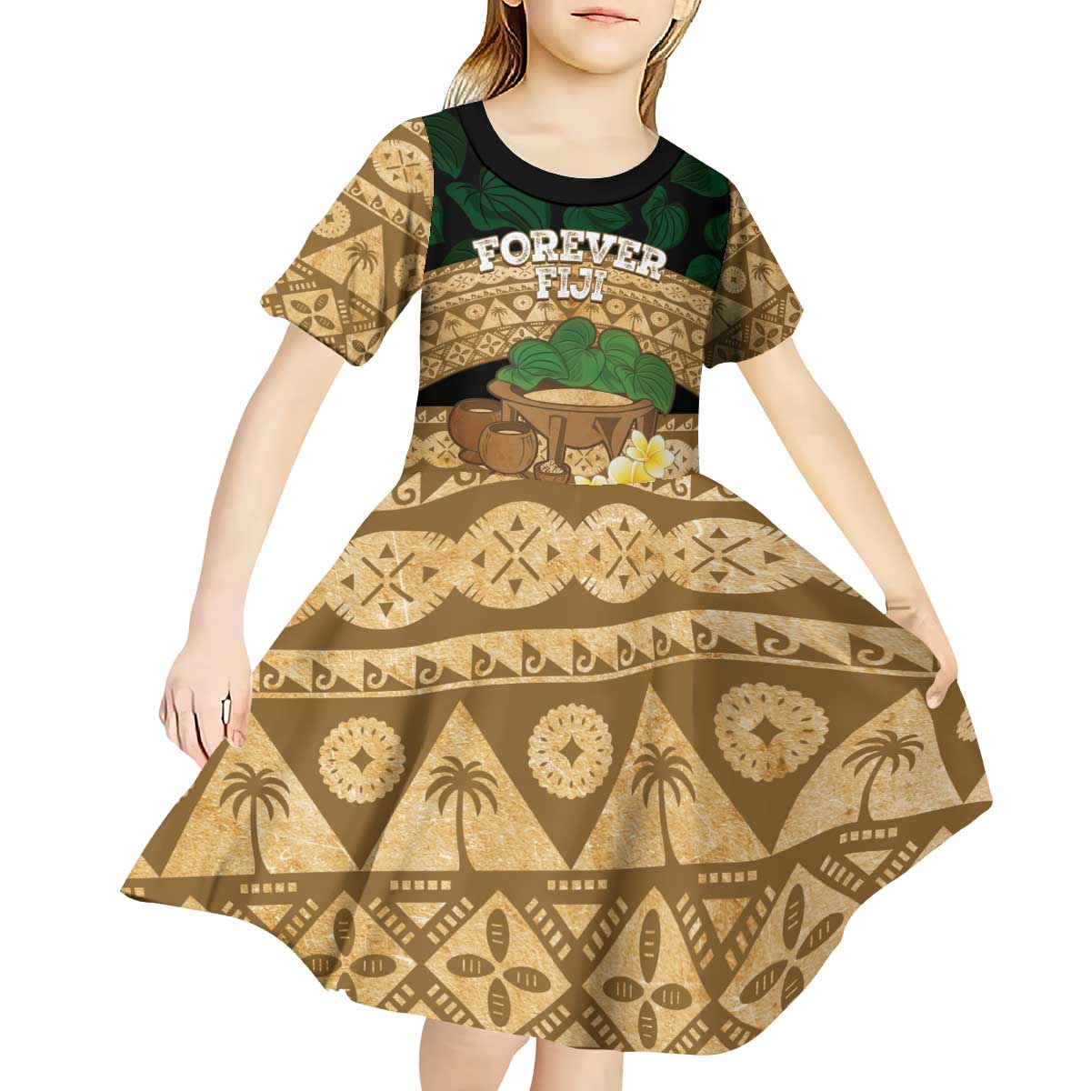 Bula Fiji Kava Bowl Kid Short Sleeve Dress Fijian Tapa Cloth Vintage Vibe
