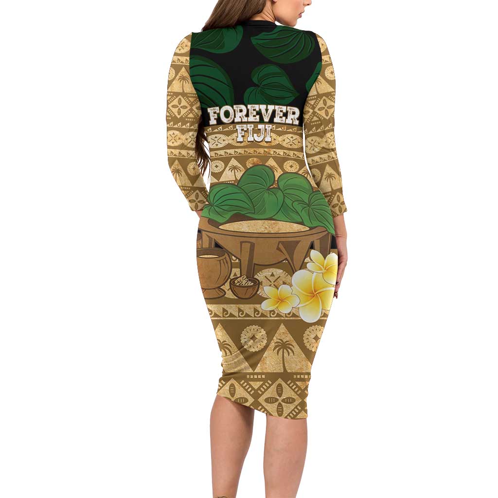 Bula Fiji Kava Bowl Long Sleeve Bodycon Dress Fijian Tapa Cloth Vintage Vibe