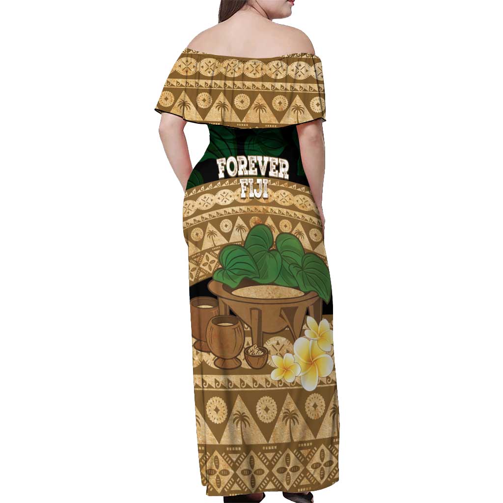 Bula Fiji Kava Bowl Off Shoulder Maxi Dress Fijian Tapa Cloth Vintage Vibe