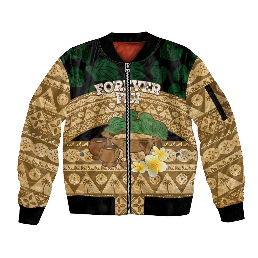 Bula Fiji Kava Bowl Sleeve Zip Bomber Jacket Fijian Tapa Cloth Vintage Vibe